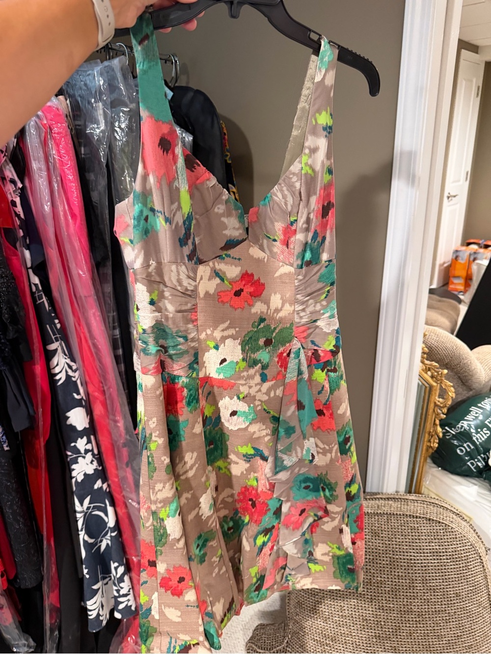 Nanette Lepore Taupe Mini Dress with Coral, Teal & Lime Floral Print